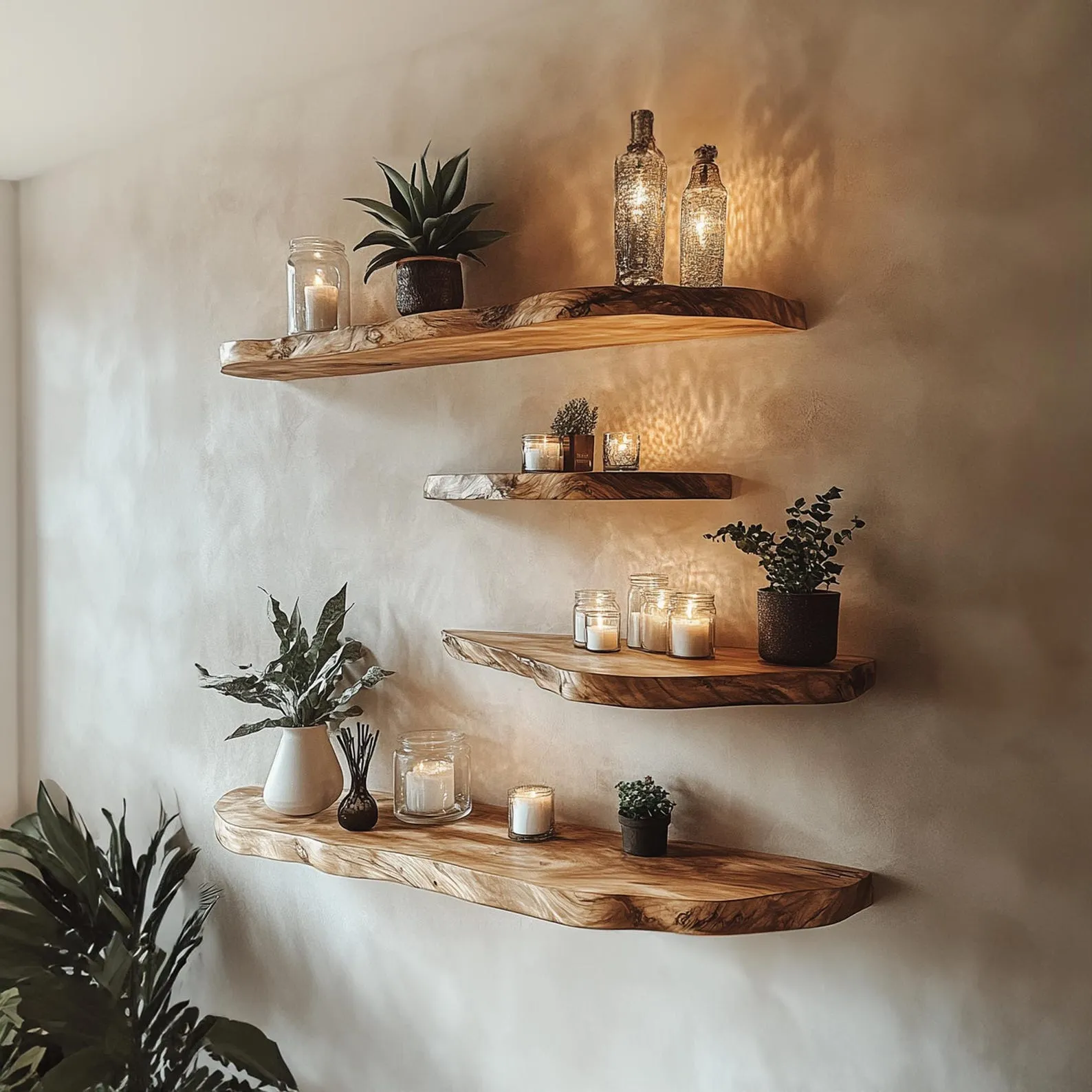 Live Edge Corner Wall Shelf For Plants And Collectibles