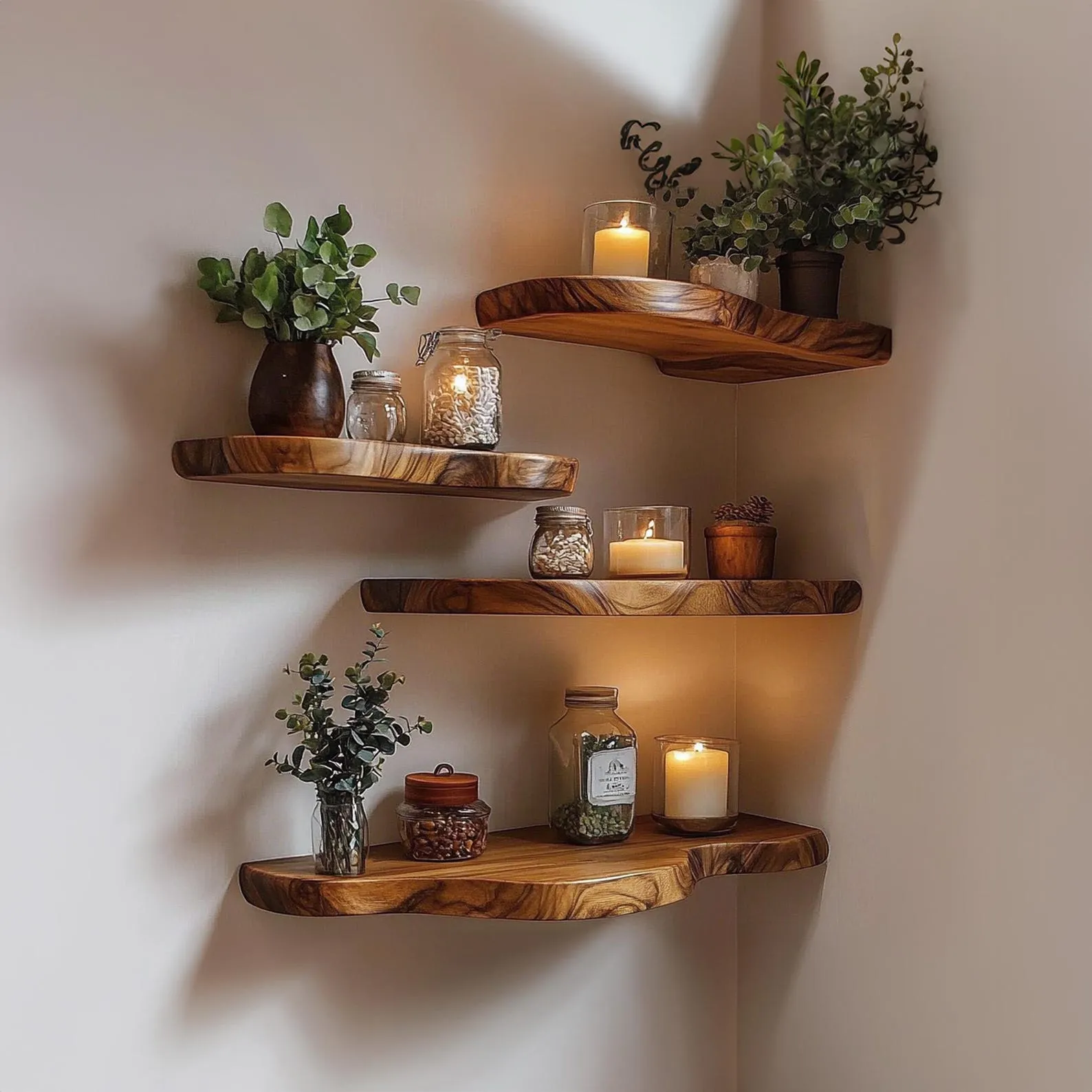 Live Edge Corner Display Shelf For Seasonal Home Decoration